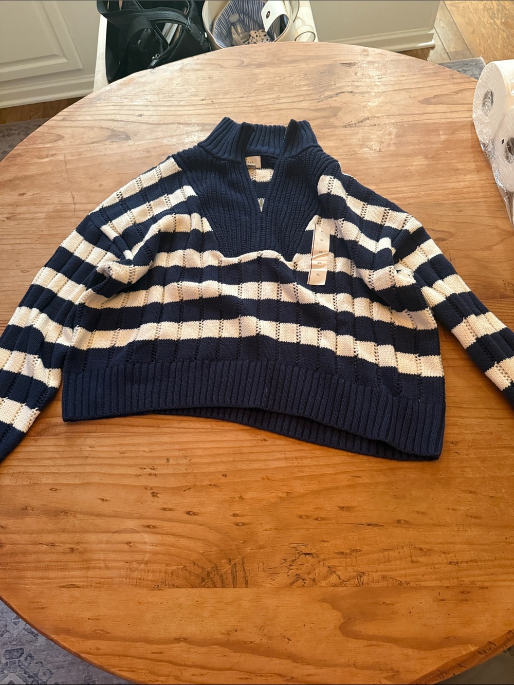 a new day Navy and White Striped V-Notch Turtleneck Sweater